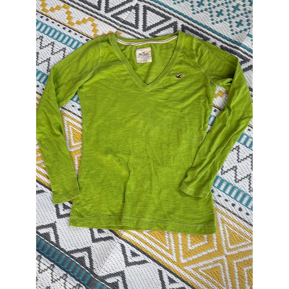 Hollister Lime Green V-Neck Long Sleeve Slub Cotton Tee Shirt Womens Large